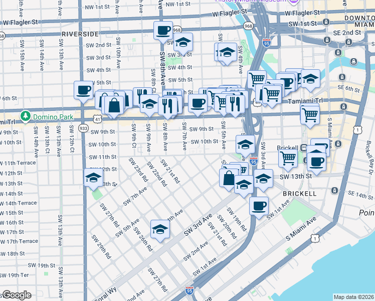 map of restaurants, bars, coffee shops, grocery stores, and more near 695 Southwest 11th Street in Miami
