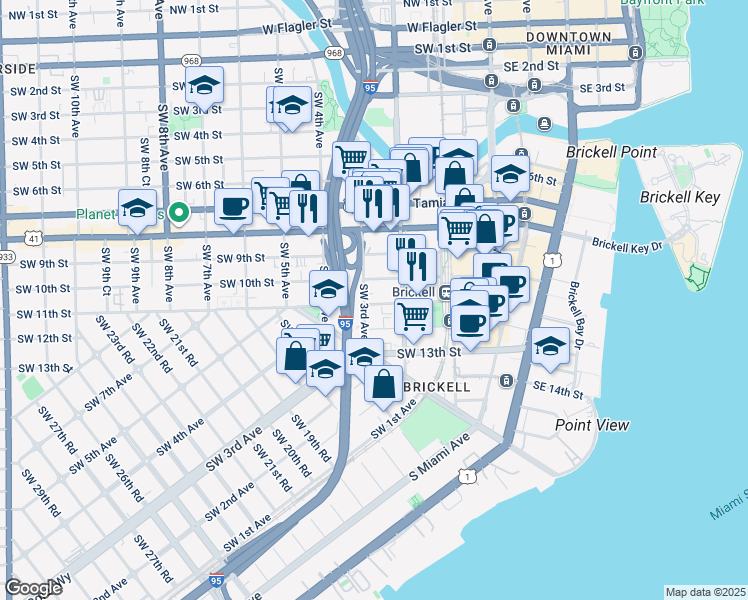 map of restaurants, bars, coffee shops, grocery stores, and more near 255 Southwest 11th Street in Miami