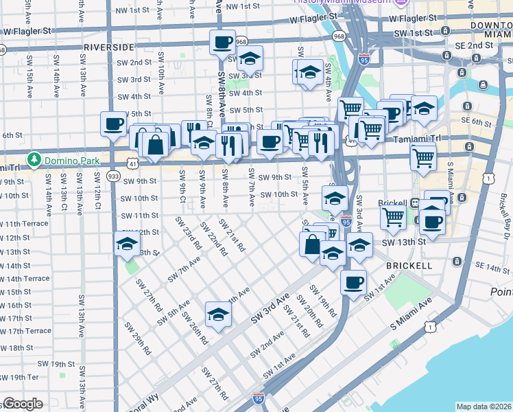 map of restaurants, bars, coffee shops, grocery stores, and more near 1025 Southwest 7th Avenue in Miami