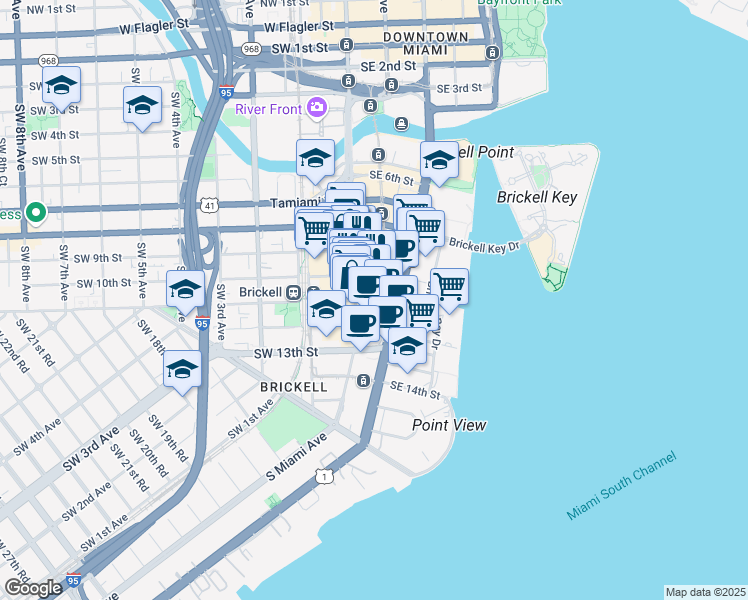 map of restaurants, bars, coffee shops, grocery stores, and more near 1100 South Miami Avenue in Miami