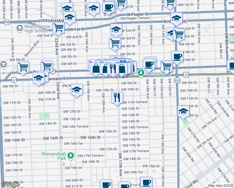 map of restaurants, bars, coffee shops, grocery stores, and more near 1711 Southwest 11th Street in Miami