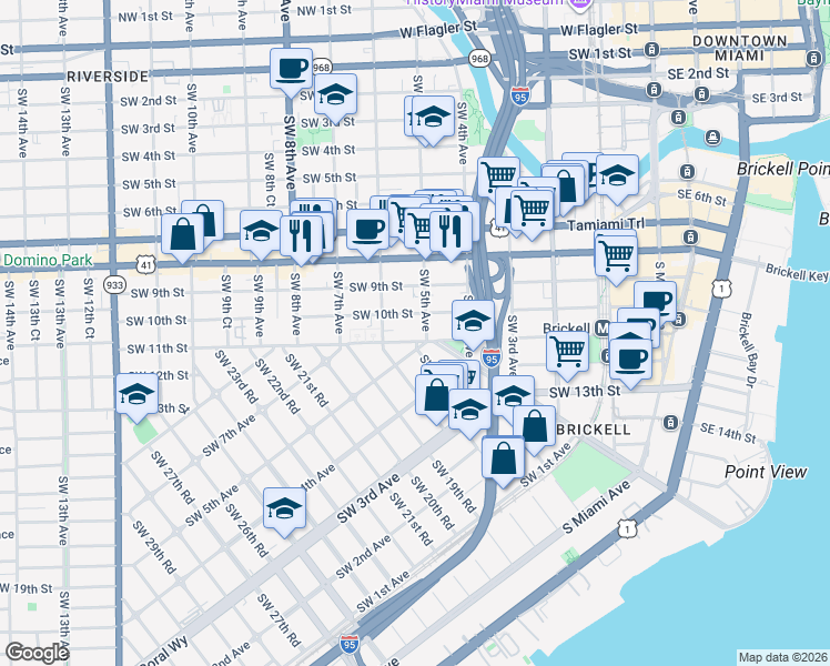 map of restaurants, bars, coffee shops, grocery stores, and more near 558 Southwest 10th Street in Miami