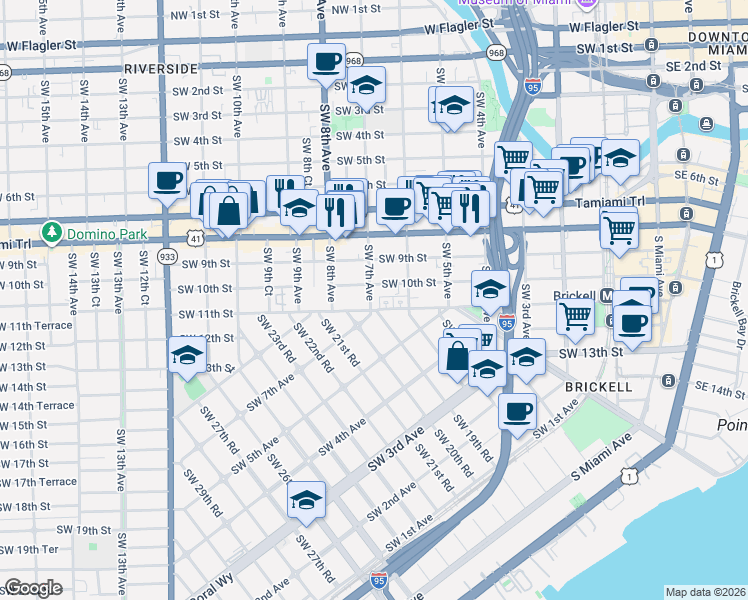 map of restaurants, bars, coffee shops, grocery stores, and more near 650 Southwest 10th Street in Miami