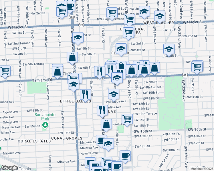 map of restaurants, bars, coffee shops, grocery stores, and more near 811 Ponce de Leon in Coral Gables