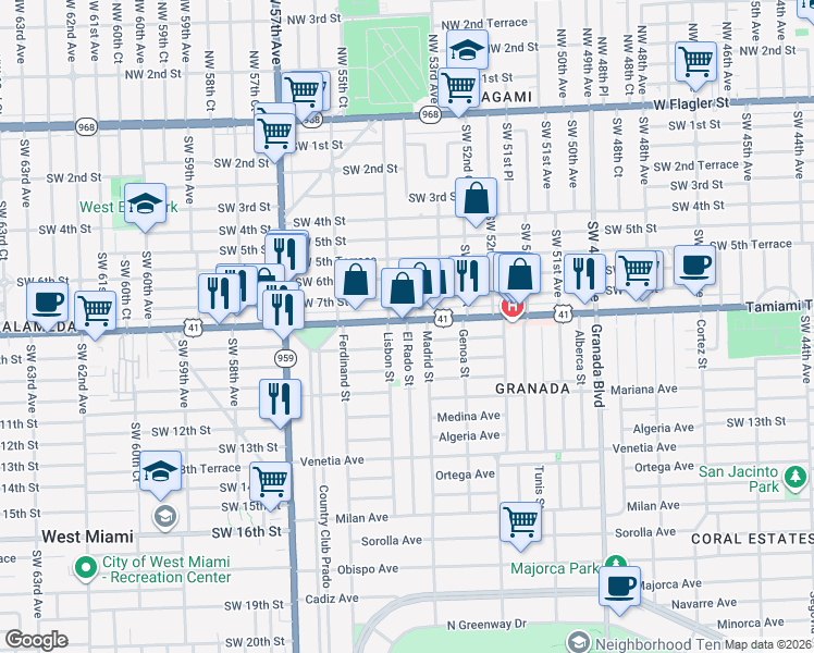 map of restaurants, bars, coffee shops, grocery stores, and more near 5407 Southwest 8th Street in Miami