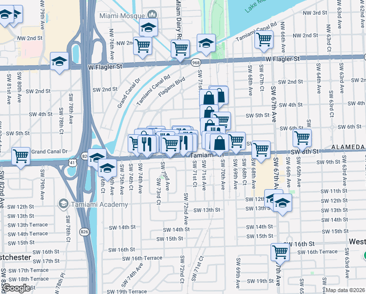 map of restaurants, bars, coffee shops, grocery stores, and more near 7161 Southwest 7th Street in Miami