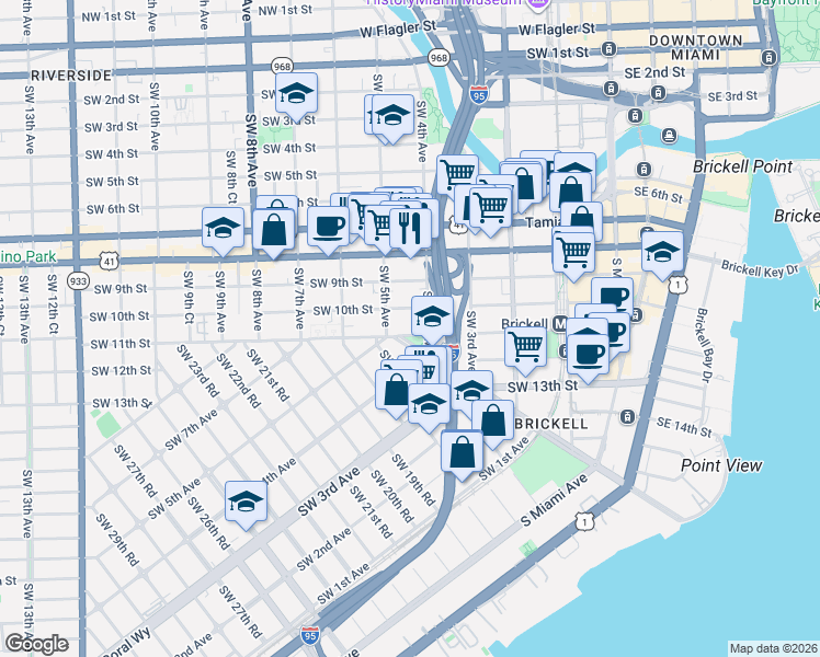 map of restaurants, bars, coffee shops, grocery stores, and more near 480 Southwest 10th Street in Miami