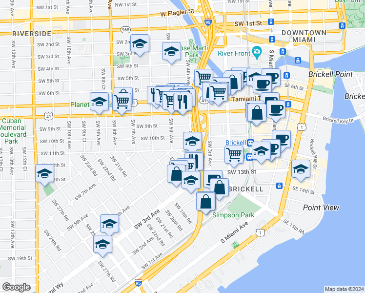 map of restaurants, bars, coffee shops, grocery stores, and more near 480 Southwest 10th Street in Miami