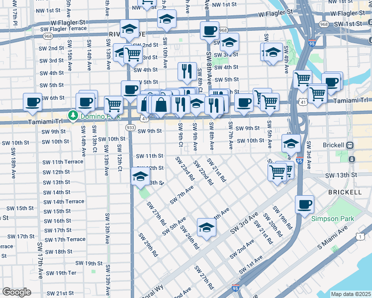 map of restaurants, bars, coffee shops, grocery stores, and more near 932 Southwest 10th Street in Miami