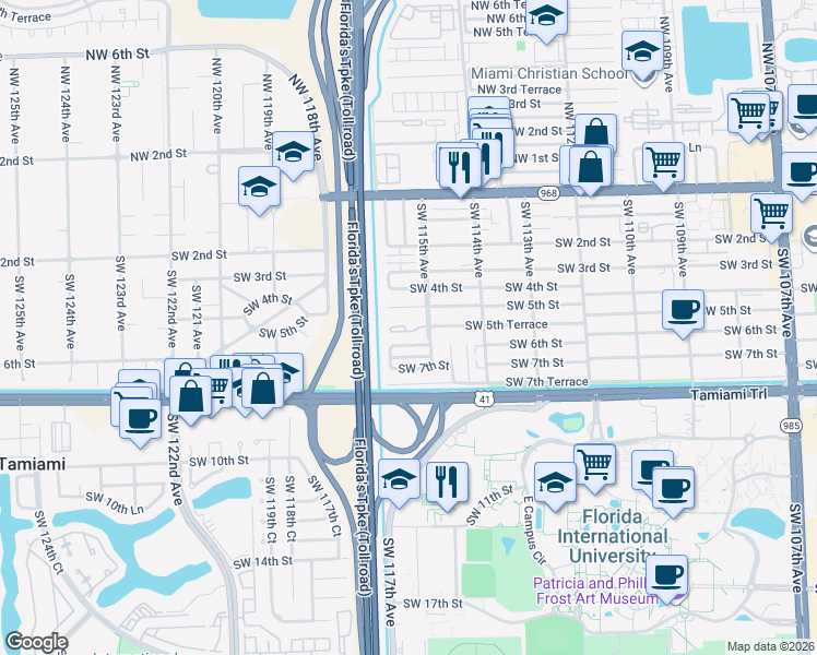 map of restaurants, bars, coffee shops, grocery stores, and more near 11530 Southwest 5th Street in Miami