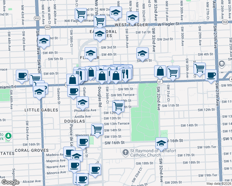 map of restaurants, bars, coffee shops, grocery stores, and more near 890 Northwest 35th Avenue in Miami