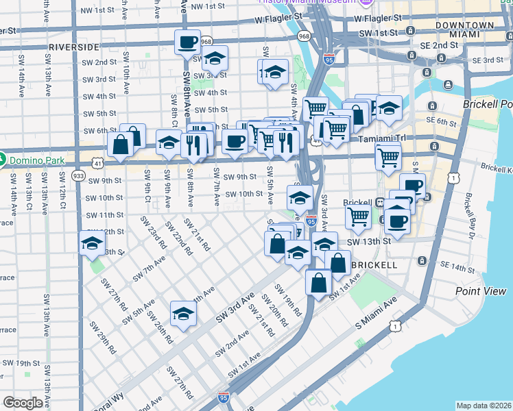 map of restaurants, bars, coffee shops, grocery stores, and more near 558 Southwest 10th Street in Miami