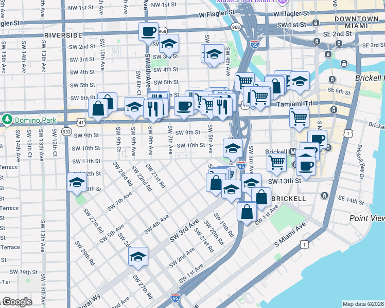 map of restaurants, bars, coffee shops, grocery stores, and more near 558 Southwest 10th Street in Miami