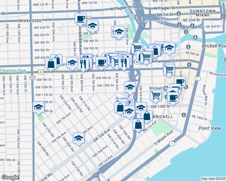 map of restaurants, bars, coffee shops, grocery stores, and more near 558 Southwest 10th Street in Miami