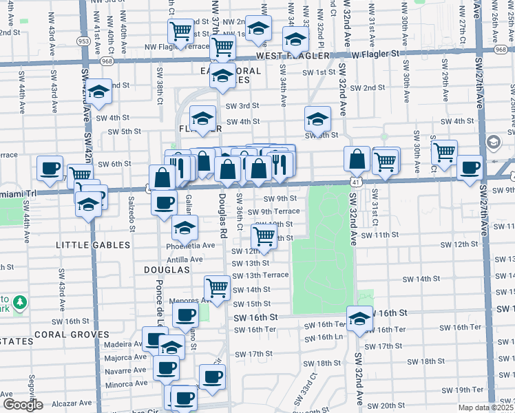 map of restaurants, bars, coffee shops, grocery stores, and more near 3551 Southwest 9th Terrace in Miami