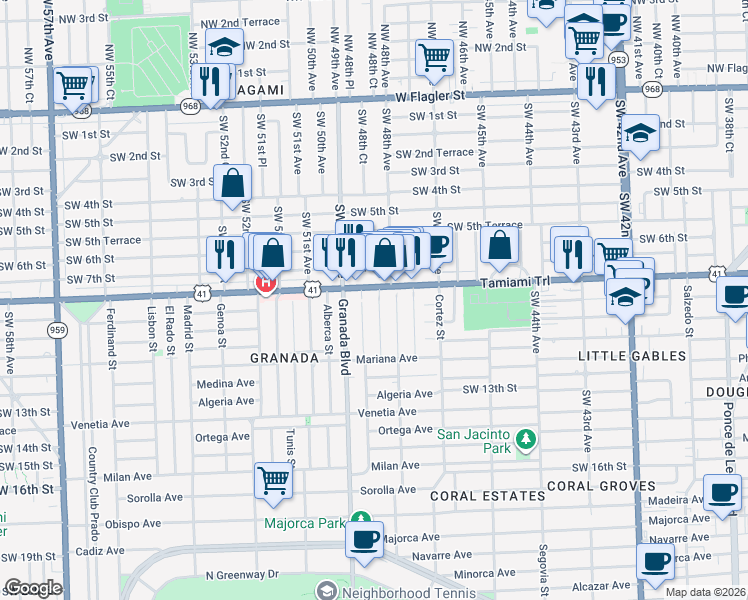 map of restaurants, bars, coffee shops, grocery stores, and more near 814 Monterey Street in Coral Gables