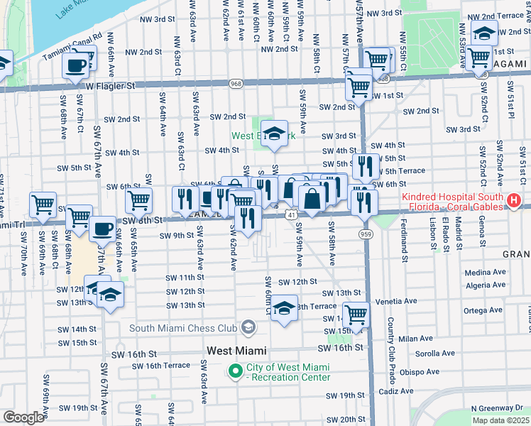 map of restaurants, bars, coffee shops, grocery stores, and more near 710 Southwest 60th Avenue in Miami