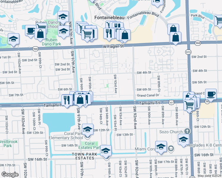 map of restaurants, bars, coffee shops, grocery stores, and more near 9320 Southwest 5th Lane in Miami