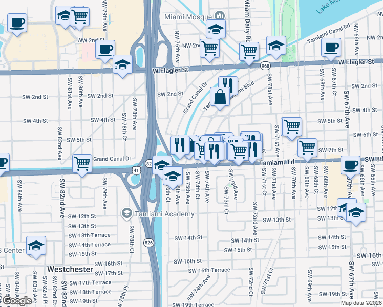 map of restaurants, bars, coffee shops, grocery stores, and more near 670 Tamiami Canal Road in Miami