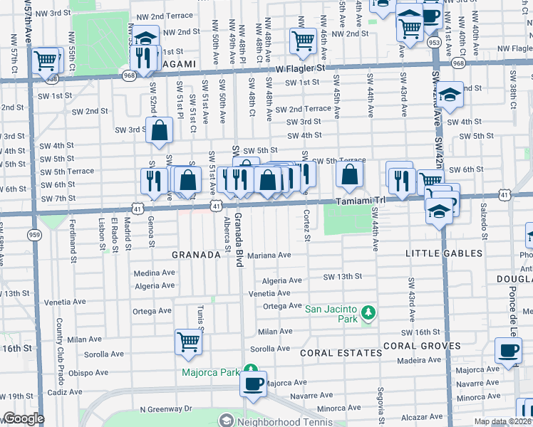 map of restaurants, bars, coffee shops, grocery stores, and more near 4836 Southwest 8th Street in Coral Gables