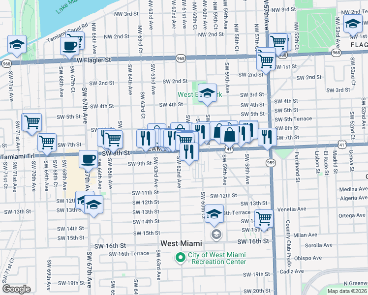 map of restaurants, bars, coffee shops, grocery stores, and more near 711 Southwest 61st Avenue in Miami