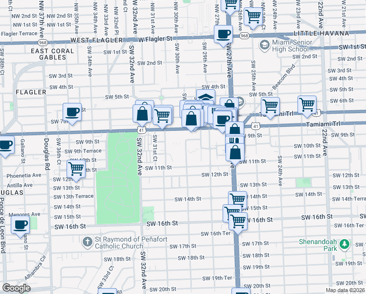 map of restaurants, bars, coffee shops, grocery stores, and more near 2970 Southwest 9th Street in Miami