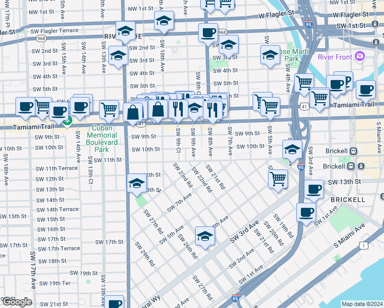 map of restaurants, bars, coffee shops, grocery stores, and more near 932 Southwest 10th Street in Miami
