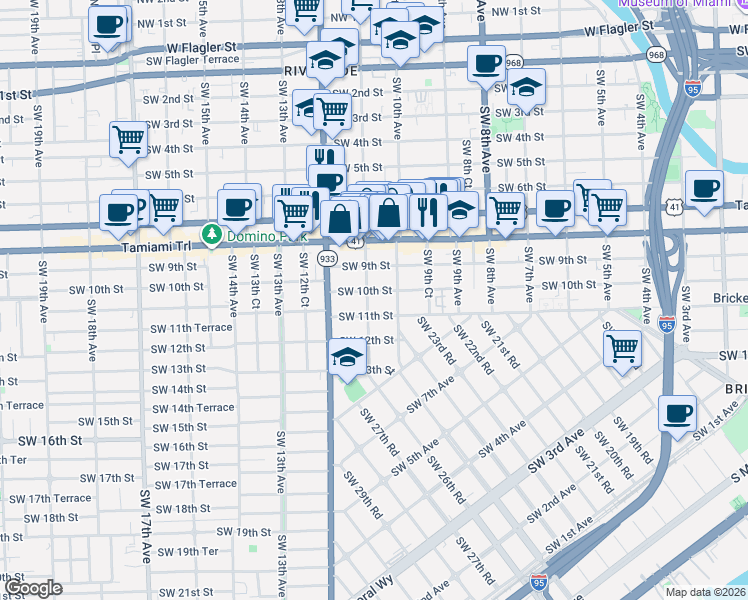 map of restaurants, bars, coffee shops, grocery stores, and more near 1053 Southwest 10th Street in Miami