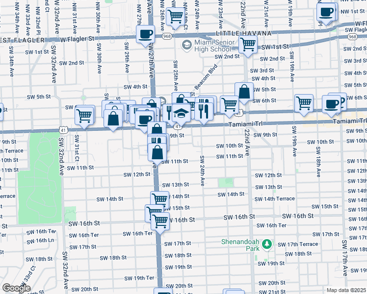 map of restaurants, bars, coffee shops, grocery stores, and more near 921 Southwest 25th Avenue in Miami