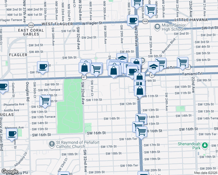 map of restaurants, bars, coffee shops, grocery stores, and more near 2970 Southwest 9th Street in Miami