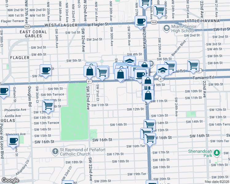 map of restaurants, bars, coffee shops, grocery stores, and more near 2970 Southwest 9th Street in Miami