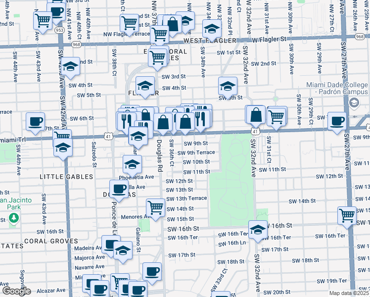 map of restaurants, bars, coffee shops, grocery stores, and more near 890 Northwest 35th Avenue in Miami