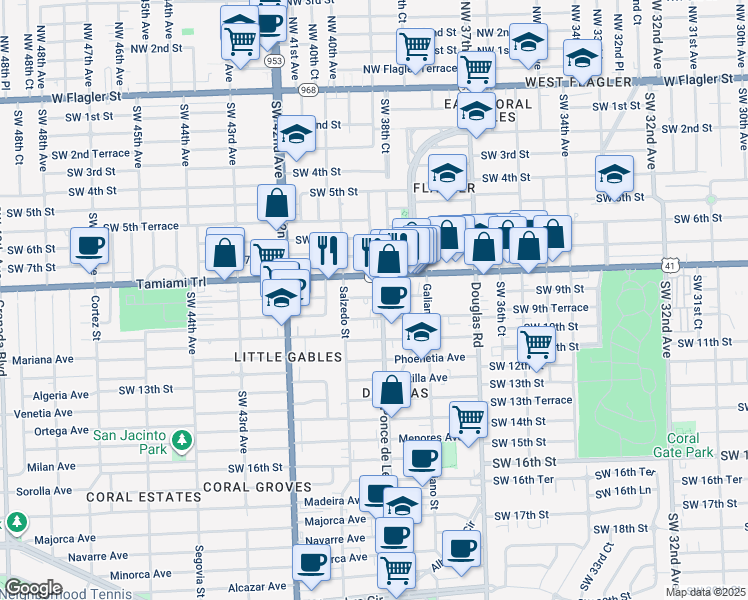 map of restaurants, bars, coffee shops, grocery stores, and more near 811 Ponce de Leon in Coral Gables