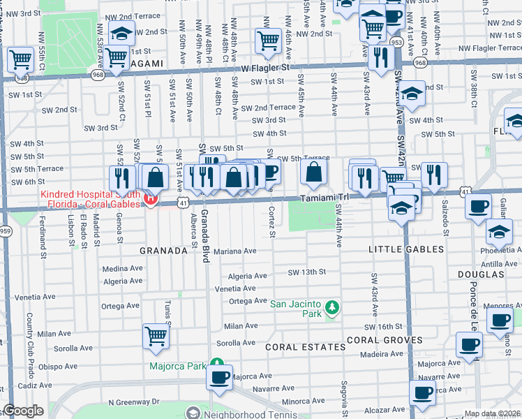 map of restaurants, bars, coffee shops, grocery stores, and more near 801 Santiago Street in Coral Gables
