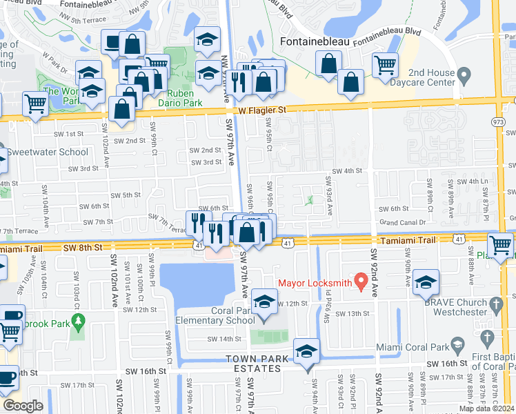map of restaurants, bars, coffee shops, grocery stores, and more near 517 Southwest 96th Court in Miami