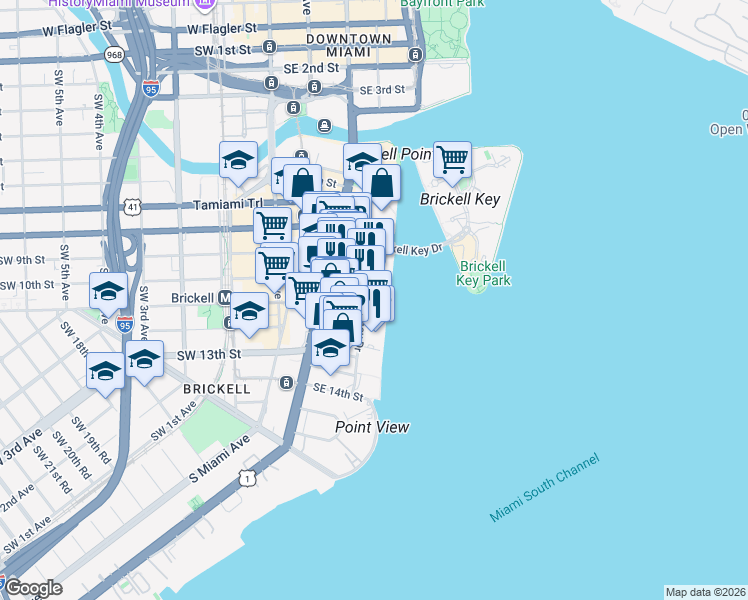 map of restaurants, bars, coffee shops, grocery stores, and more near 1001 Brickell Bay Drive in Miami