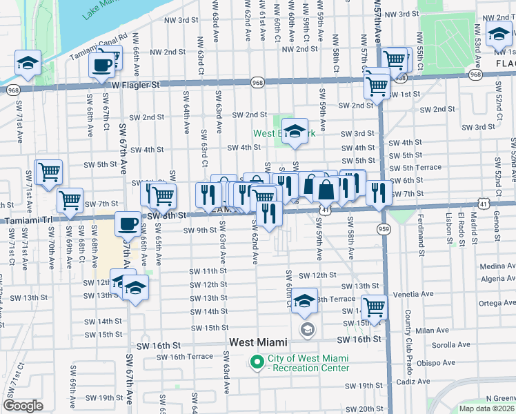 map of restaurants, bars, coffee shops, grocery stores, and more near 711 Southwest 61st Avenue in Miami