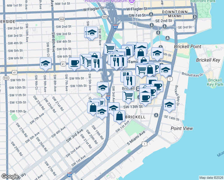 map of restaurants, bars, coffee shops, grocery stores, and more near 1021 Southwest 3rd Avenue in Miami