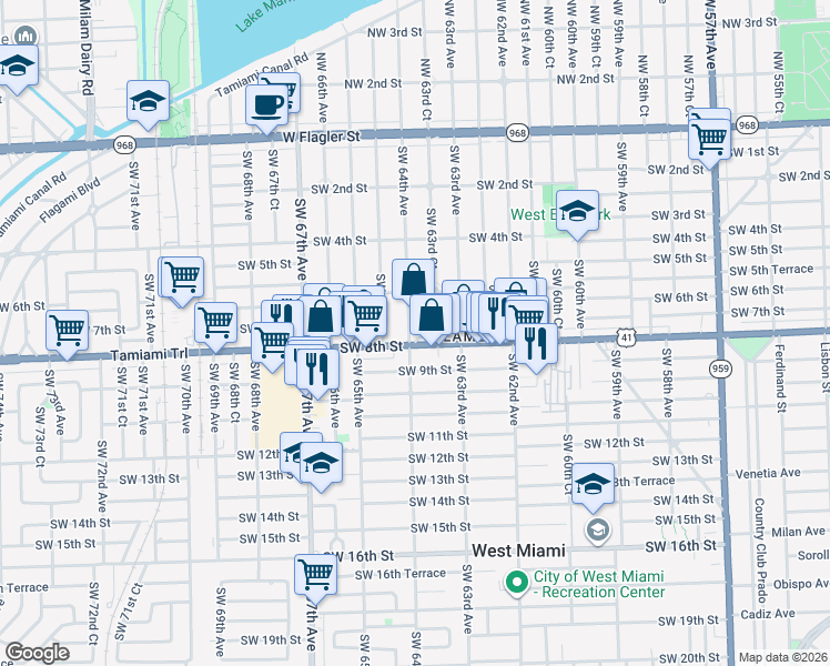 map of restaurants, bars, coffee shops, grocery stores, and more near 701 Southwest 64th Avenue in Miami