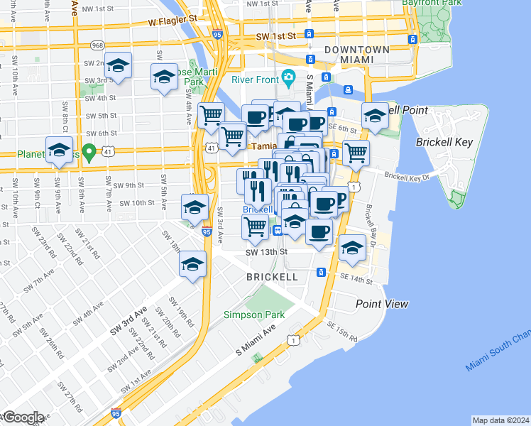map of restaurants, bars, coffee shops, grocery stores, and more near 110 Southwest 10th Street in Miami