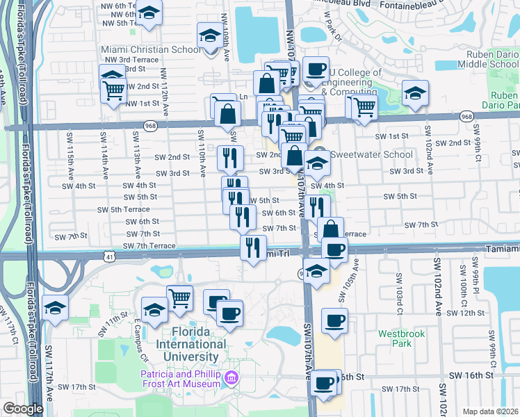 map of restaurants, bars, coffee shops, grocery stores, and more near 10856 Southwest 5th Street in Miami