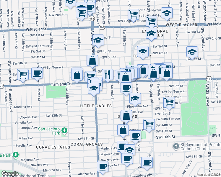map of restaurants, bars, coffee shops, grocery stores, and more near 227 Antiquera Avenue in Coral Gables
