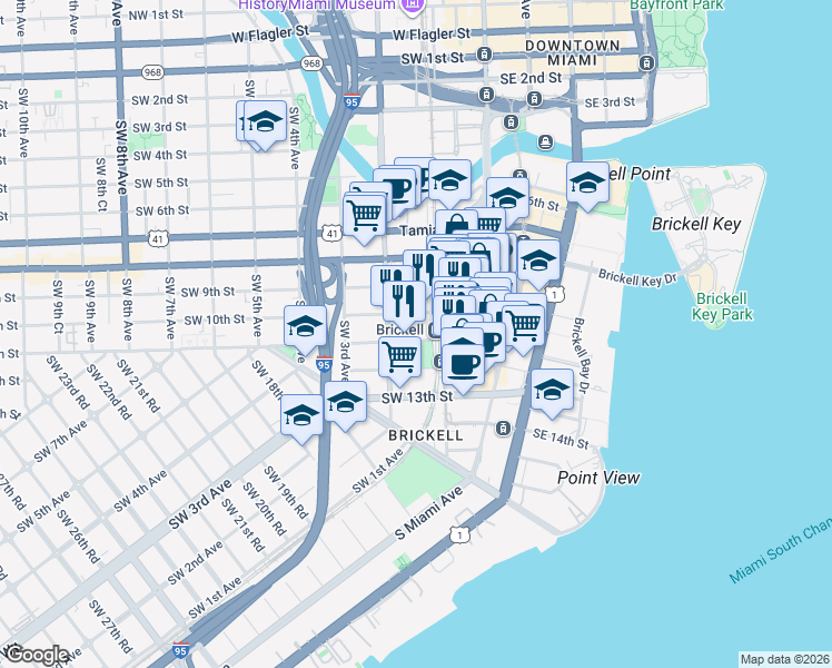 map of restaurants, bars, coffee shops, grocery stores, and more near in Miami