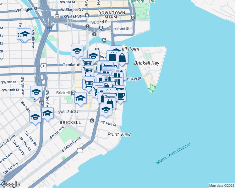 map of restaurants, bars, coffee shops, grocery stores, and more near 1001 Brickell Bay Drive in Miami