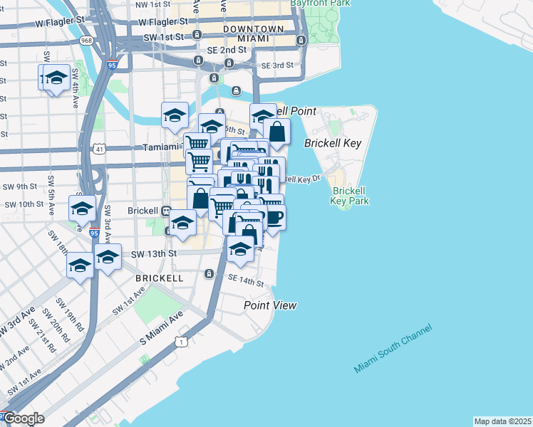map of restaurants, bars, coffee shops, grocery stores, and more near 1001 Brickell Bay Drive in Miami