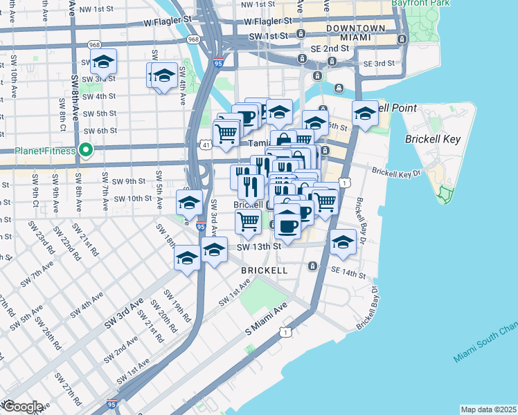 map of restaurants, bars, coffee shops, grocery stores, and more near in Miami