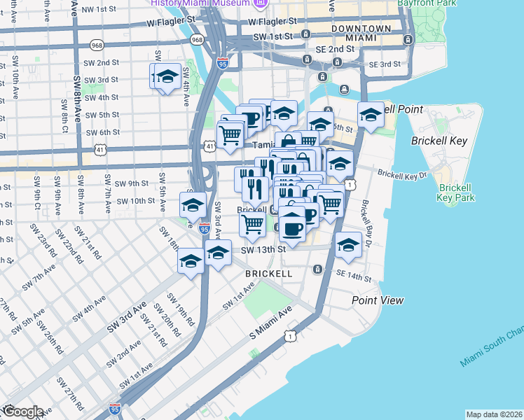 map of restaurants, bars, coffee shops, grocery stores, and more near in Miami