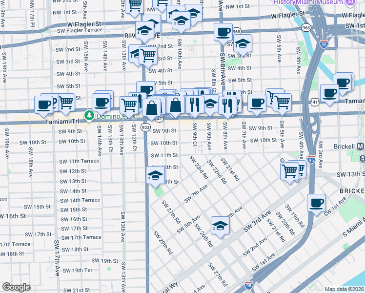map of restaurants, bars, coffee shops, grocery stores, and more near 989 Southwest 10th Street in Miami