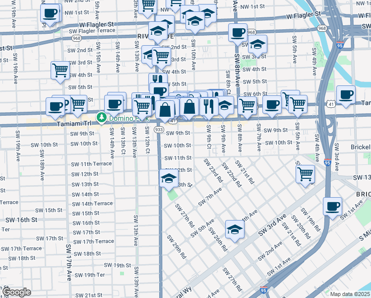 map of restaurants, bars, coffee shops, grocery stores, and more near 1053 Southwest 10th Street in Miami