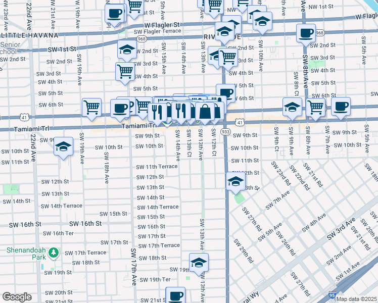 map of restaurants, bars, coffee shops, grocery stores, and more near 1314 Southwest 10th Street in Miami